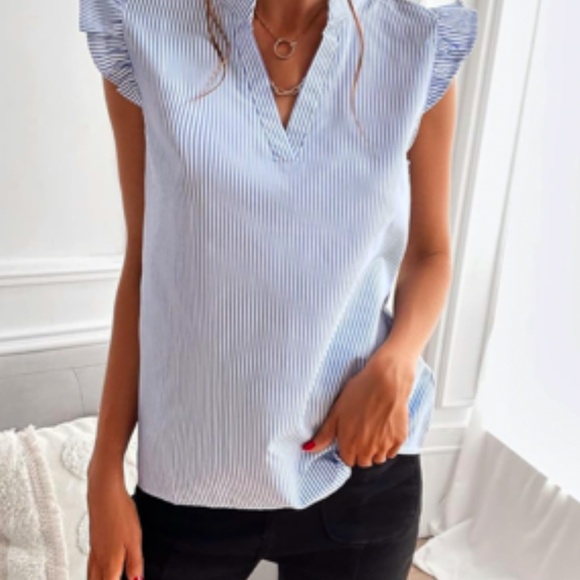 Floerns Women's Striped Notched V Neck Ruffle Cap Sleeve Blouse Top - Brand New - Picture 1 of 9